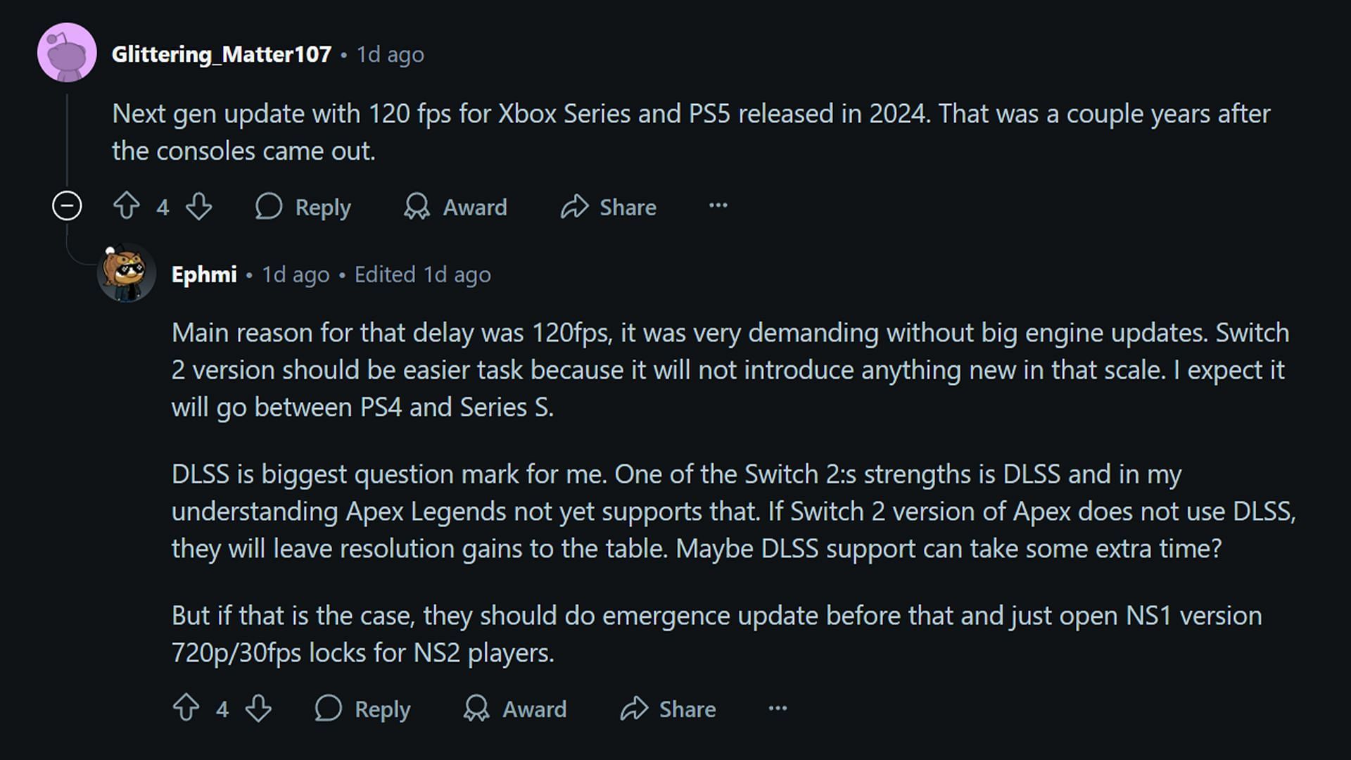 Apex Legends fans discuss possible removal of resolution and FPS locks for Nintendo Switch 2 (Image via Reddit.com)